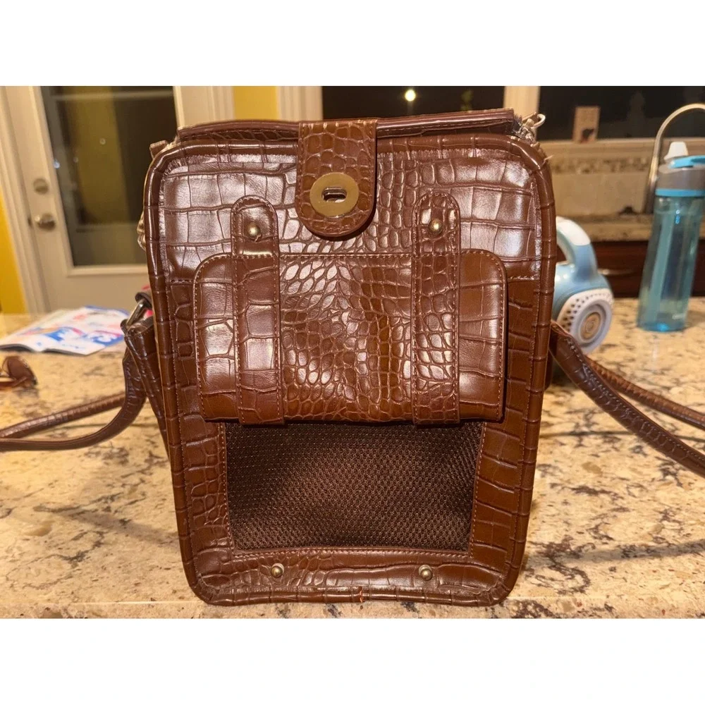 Croc Embossed Faux Leather Pet Carrier Brown Mesh Dog Cat Travel Bag 17in